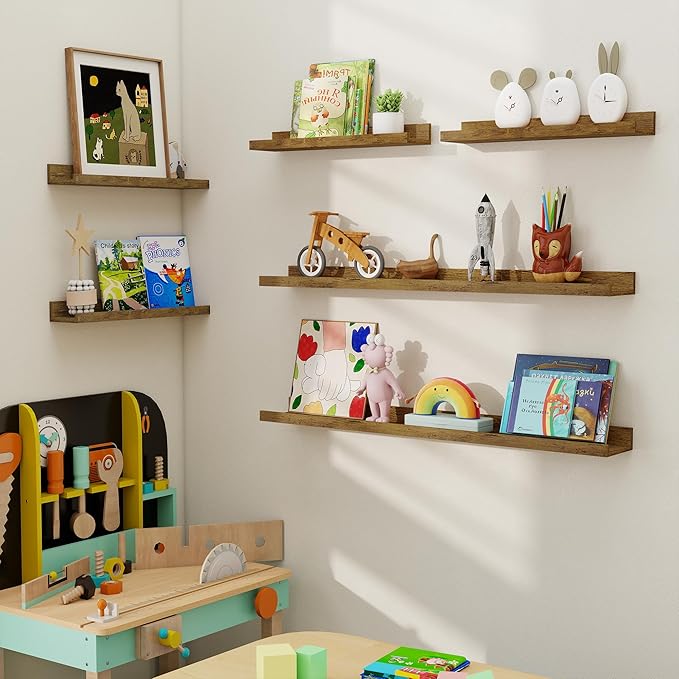 Axeman Picture Ledge Shelf, Floating Shelves for Wall Storage Set of 6, 16 inch Floating Wall Mounted Shelves, Wall Shelves with Lip for Living Room, Bedroom, Nursery, Bathroom, Kitchen, Rustic Brown-CubbioJoy