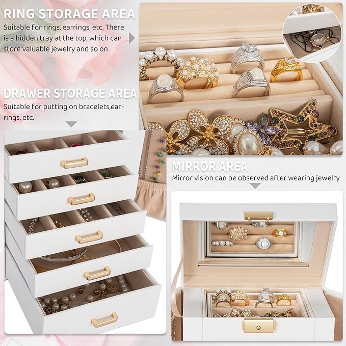 AKOZLIN 6-Tier Jewelry Box Lockable Leather Jewelry Storage Case with 5 Drawers for Women Girls Ring Necklace Earring Bracelet Holder Organizer with Mirror-CubbioJoy