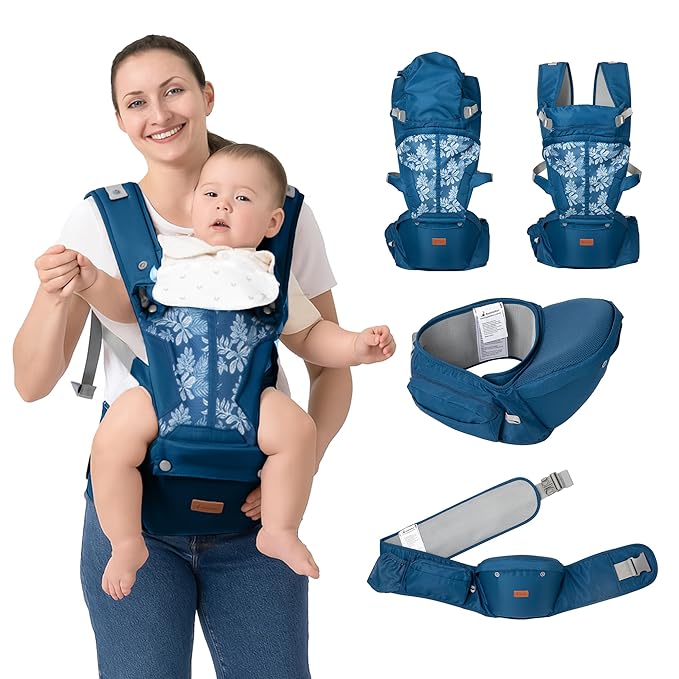BabbleRoo Grow Carrier – Safety-Certified 6-in-1 Baby Carrier with Hip Seat, Ergonomic & Adjustable Toddler Carrier 7-50 lbs with Hip Support, Hood for Sun Protection, Newborn to Toddler, Denim Leaves-CubbioJoy