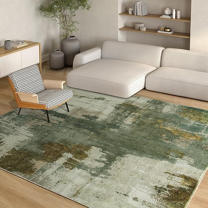 Kelarea Living Room Rug, 4x6 Rug Modern Abstract Washable Rugs Green Faux Wool Vintage Carpets, Non Slip Rugs for Bedroom, Dining Room, College Dorm, Kids Playroom, Home Office-CubbioJoy