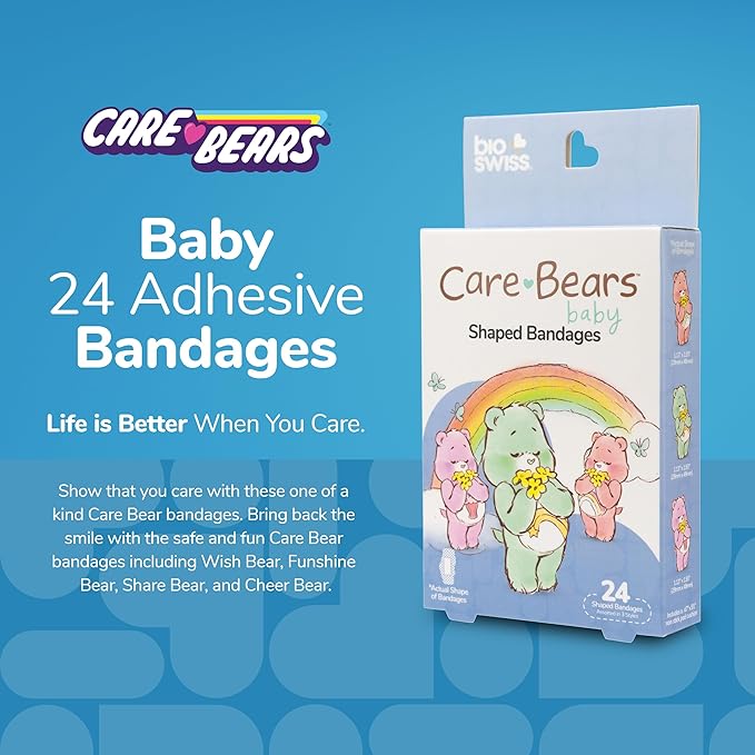 BioSwiss Care Bears Bandages, Baby Care Bear Shaped Self Adhesive Bandage, Latex Free Sterile Wound Care, Fun First Aid Kit Supplies for Kids, 24 Count-CubbioJoy