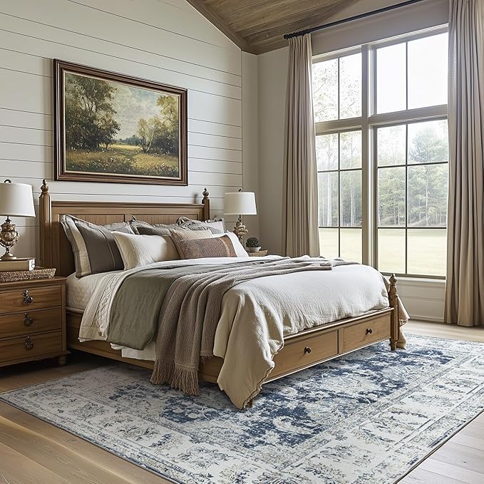 jinchan 10x12 Area Rugs for Living Room - Machine Washable Vintage Floral Distressed Design Stain Resistant Carpet Low Pile Non-Slip Large Rug for Bedroom Dining Room Home Office (10‘x12',Dark Blue)-CubbioJoy