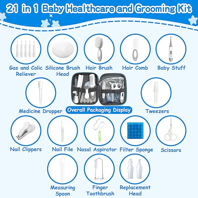Baby Healthcare and Grooming Kit, 21 in 1 Portable Baby Essentials Kit with Gas Relief Hair Brush Comb Nasal Aspirator for Newborn Boys Girls (Grey White)-CubbioJoy