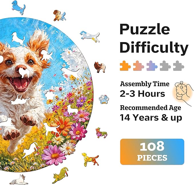 Jigfoxy Wooden Puzzles for Adults, Running Puppy Wood Puzzles Adult, Unique Animal Shape Wooden Jigsaw Puzzles for Adults, Birthday Gifts for Puzzle Lovers, Family, Friend (S-8 * 8.3in-108pcs)-CubbioJoy