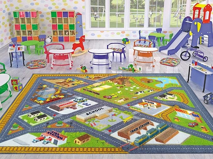 KC Cubs 3x5 Country Farm Construction Car Road Street Rug – Educational Carpet Play Mat for Kids, Toddlers, Nursery, Classroom, Playroom, Baby Daycare-CubbioJoy