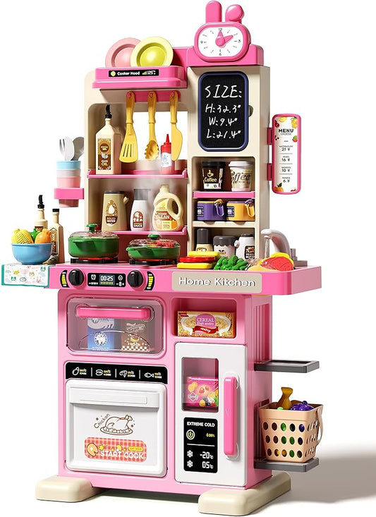33.8IN Kids Kitchen Playset, 63 PCS Kid Play Kitchen with Realistic Lights & Sounds, Spray Sink Toy Kitchen Accessories, Pretend Food Toys Kitchen for Boys Girls Toddlers(Pink)-CubbioJoy