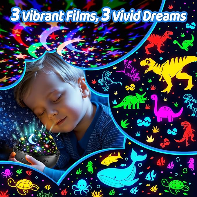 COOLNIGHT Night Light for Kids, 93 Lighting+3 Films Kids Night Light Projector, Remote+Dimmable Star Projector, 360°Slient Glow in The Dark Stars for Ceiling, Gift for 3-8-CubbioJoy