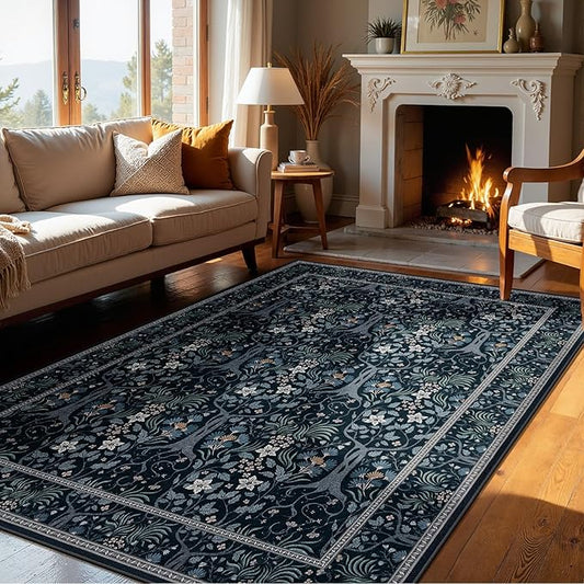 Joydeco Machine Washable Area Rugs 5x7, Boho Floral Rug for Bedroom Non Slip, Soft Forest Botanical Low-Pile Floor Indoor Throw Carpet for Living Dining Room Dorm Office, Blue-Black-CubbioJoy