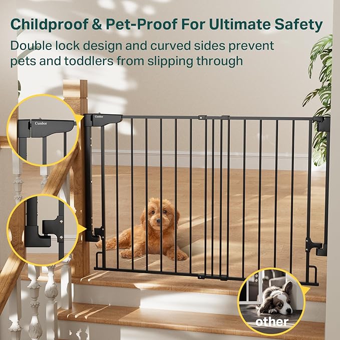 Cumbor 29.2-43" No Bottom Bar Baby Gate for Stairs, 2-in-1 Hardware Mounted Dog Gate Indoor, Wide Pet Gates for Doorway with Large Walk Thru Door, Child-Proof Gate for Top & Bottom of Stairs(Black)-CubbioJoy