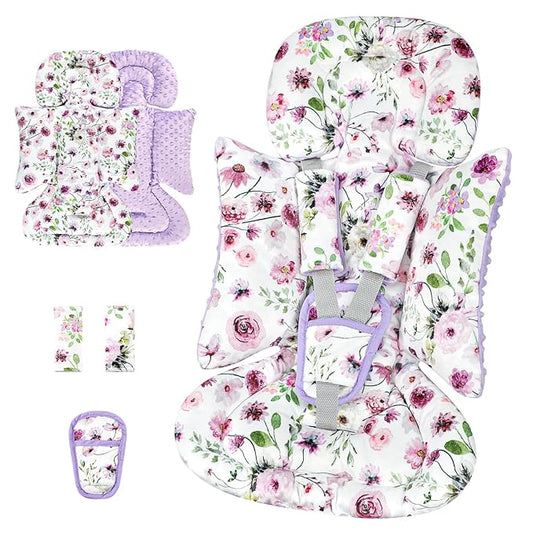 3-in-1 Infant Car Seat Insert, Soft Head and Body Support,Ultra & Strap Covers Set, Reversible Newborn Car Seat Cushion Pad for Baby Boy & Girl fits Stroller, Swing, Bouncer (Purple Flowers)-CubbioJoy