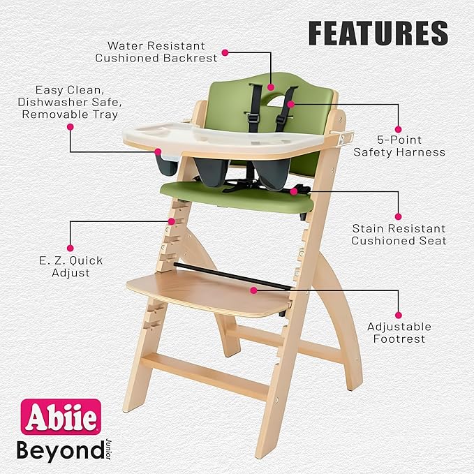 Abiie Beyond Junior Wooden High Chair with Tray - Adjustable and Convertible High Chair for Babies and Toddlers - 6 Months to 250 Lb - Water Resistant - Natural Wood/Olive Cushion-CubbioJoy