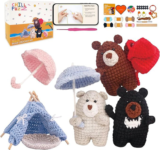 ChillFuzz Animal Crochet Kit Beginner Crochet Kit for Adults and Kids with Soft Yarn Hook and Instructions Cute Handmade DIY Gift Bear-CubbioJoy