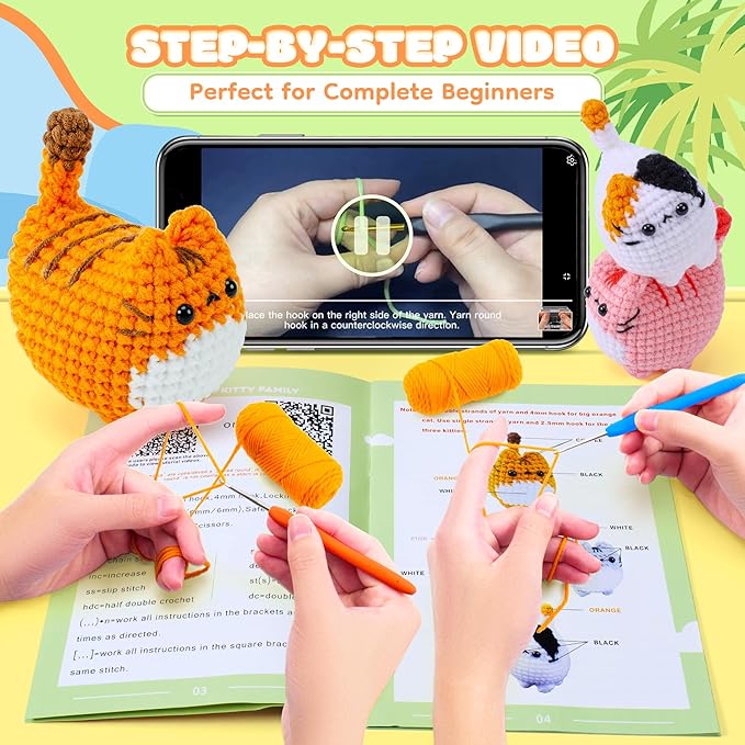 Crochet Kit for Beginners-4PCS Cat Crochet Kits for Adults, Crochet Starter Kit with Step-by-Step Video Tutorials, Crochet Animals Kits DIY Craft Knitting Kit Learn to Crochet Kits for Adults-CubbioJoy