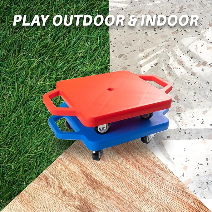 2 Plastic Scooter Boards with Handles for Kids Sitting and Sports Training, with 1 Ring, 2 Ropes and 4 Beanbags, Indoor and Outdoor Play-CubbioJoy