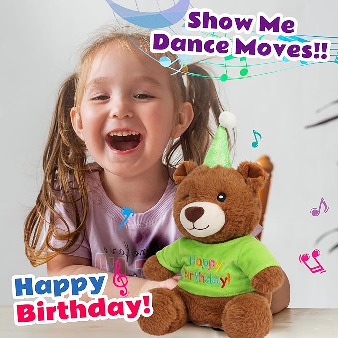 Cuteoy Happy Birthday Bear Musical Stuffed Animal Shaking Singing Dancing Plush Toy Electric Interactive Animated Plushies Gifts for Kids Girls Boys-CubbioJoy