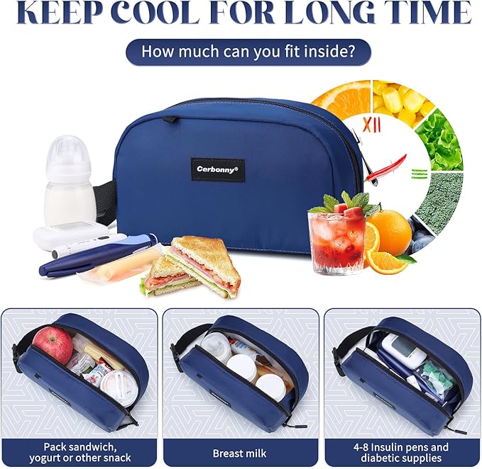 Cerbonny Reusable Lunch Bag, Freezable Insulated Cooler Bag, Leak-Proof, Portable, Navy Blue, 2.5L, 5x9x4 inches-CubbioJoy