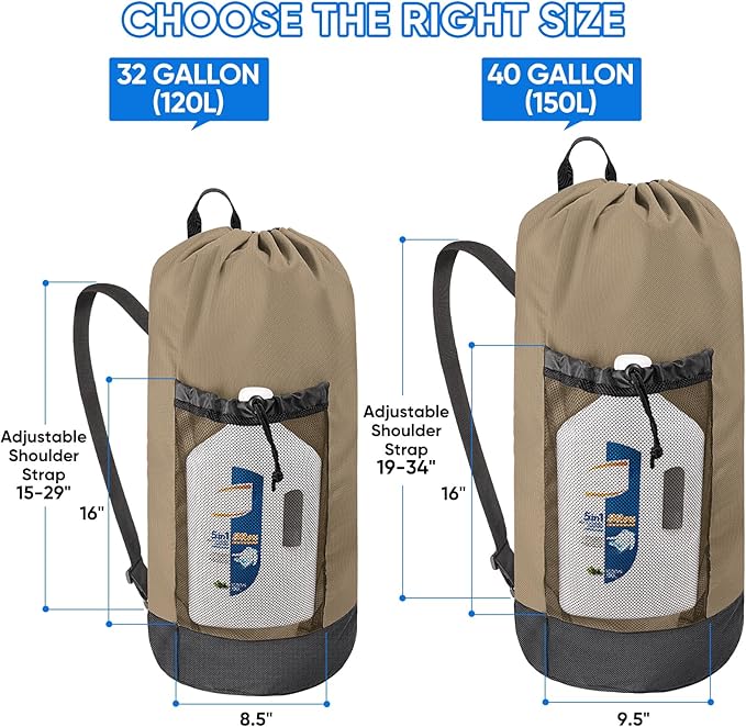 BALEINE 120L Laundry Bag Backpack, 900D Oxford Fabric Large Travel Laundry Bags with Shoulder Straps and 2 Mesh Pockets for College Dorm, Apartment, Laundromat (Khaki, 120L)-CubbioJoy