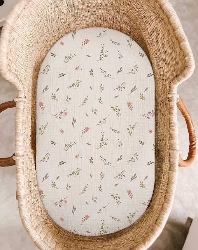 Bassinet Sheet for Baby Boy Girl 2 Pack, Fitted Sheets for Rectangle, Oval, Hourglass Bassinet Mattress, Muslin Moses Basket Sheets (Petal Leaf & Pink, Bassinet Sheet)-CubbioJoy