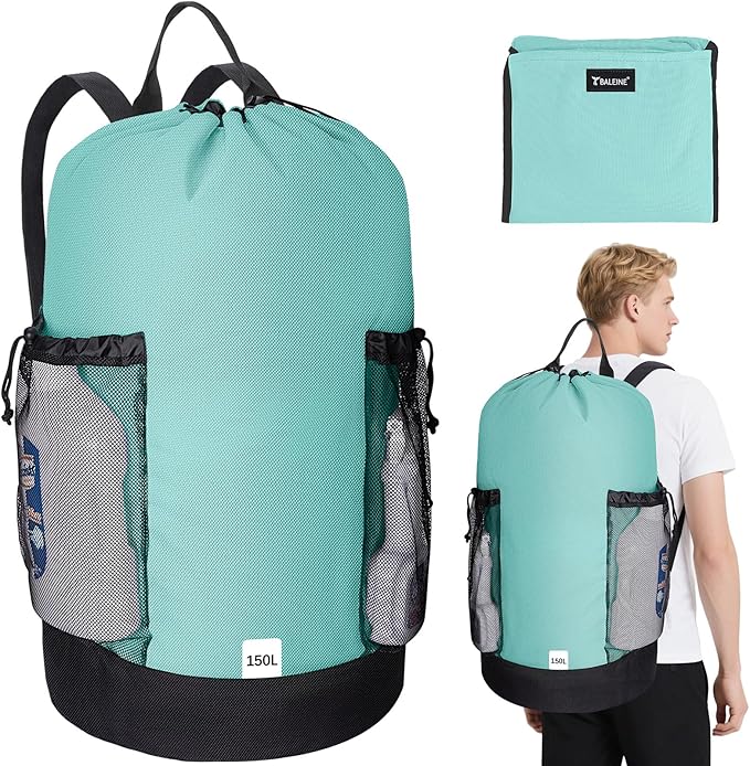 BALEINE 150L Laundry Bag Backpack, 900D Oxford Fabric Large Travel Laundry Bags with Shoulder Straps and 2 Mesh Pockets for College Dorm, Apartment, Laundromat (Sky Blue, 150L)-CubbioJoy