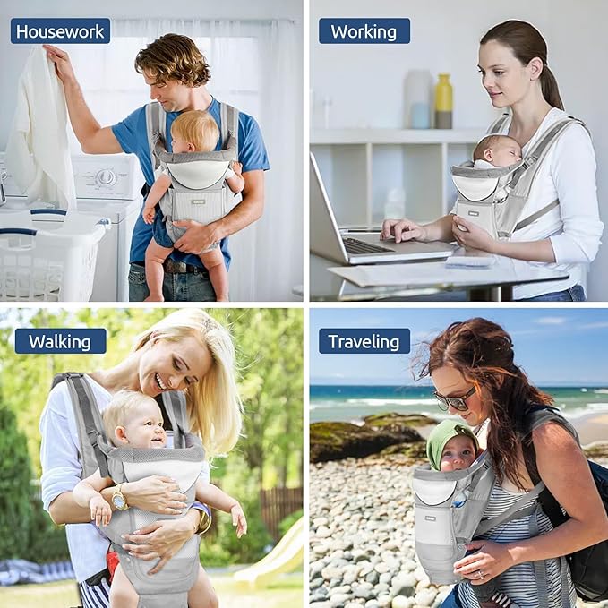 Baby Carrier with Hip Seat,Ergonomic M Position 6in1 Baby Carrier Newborn to Toddler,Head Support and Breathable Mesh Newborn Carrier,Adjustable Baby Holder Carrier for Dad&Mom-Grey-CubbioJoy