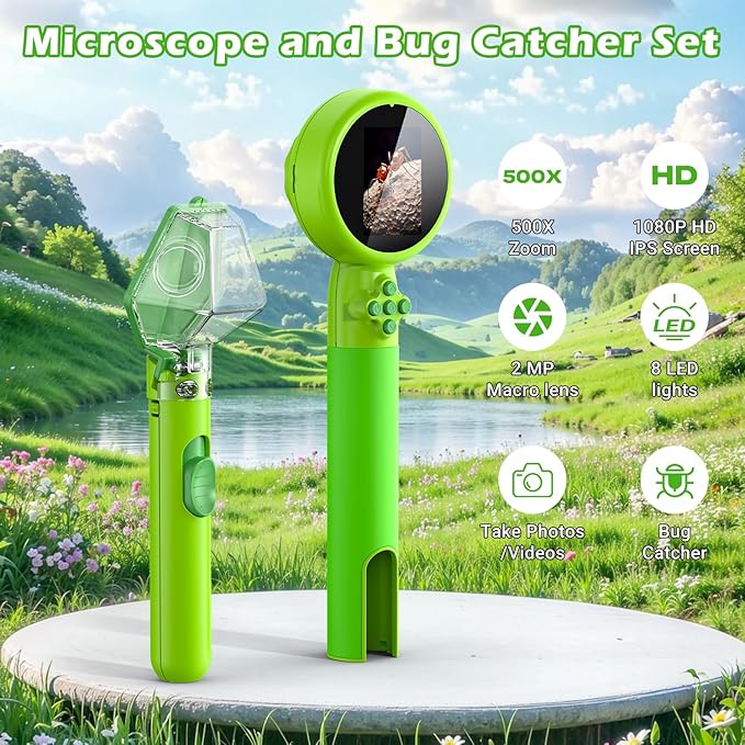 2 in 1 Kids Microscope with Bug Catcher,HD 500X Digital Microscope for Kids with 2" Screen,Photo and Video,STEM Educational Science Kit Learning Toys for Age 3-12 Girls & Boys Birthday Gifts (Green)-CubbioJoy