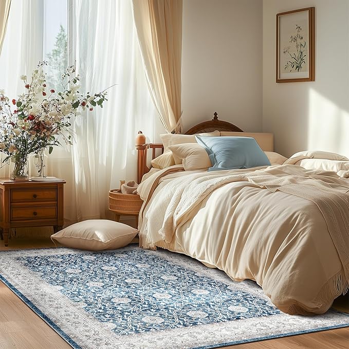 jinchan Floral Area Rugs 4x6 Machine Washable Vintage Distressed Boho Design Throw Rug Stain Resistant Carpet Low Pile Ultra-Thin Non-Slip for Bedroom Living Room Dining Room Kitchen(4‘x6',Drak Blue)-CubbioJoy