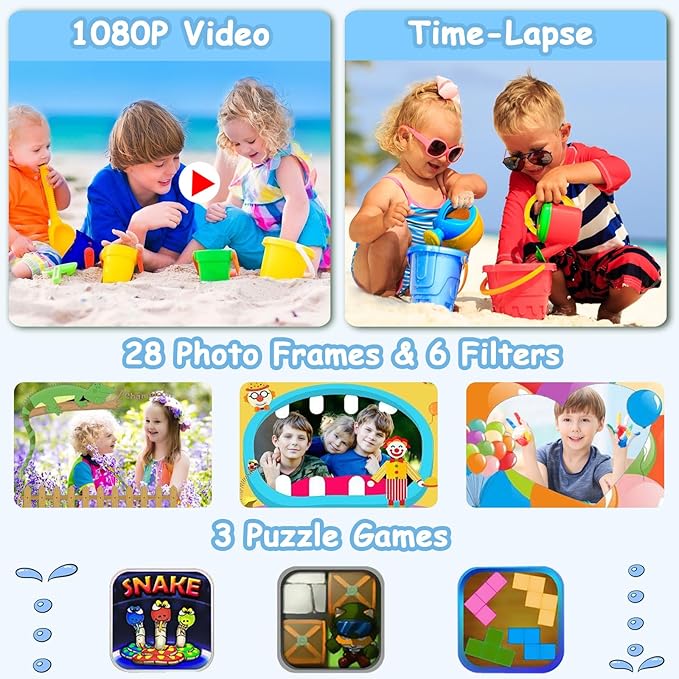 Agoigo Kids Waterproof Camera - Children Underwater HD Video Digital Camcorder, Portable Travel Toy for Toddler - Ideal Christmas Birthday Gifts for Boys Girls Age 3-12 with 32GB Card (Dark Blue)-CubbioJoy