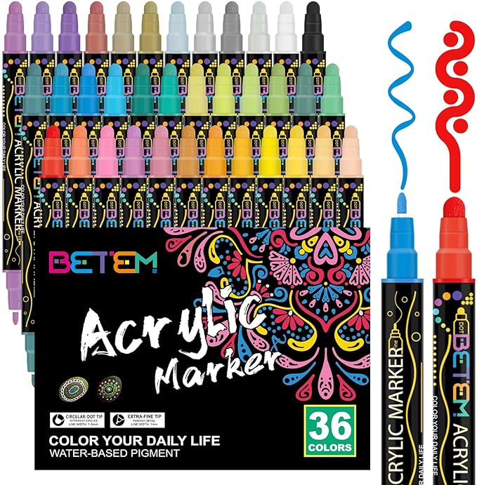 Betem 36 Colors Dual Tip Acrylic Paint Pens Markers, Premium Acrylic Paint Pens for Wood, Canvas, Stone, Rock Painting, Glass, Ceramic Surfaces, DIY Crafts Making Art Supplies-CubbioJoy