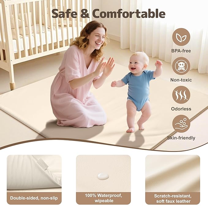 Baby Play Mat 47x47 Inches, Extra Thick 1.2" Foam Floor Mat for Tummy Time & Crawling, Waterproof Non-Slip Faux Leather Playpen Mat for Infants Toddlers, Indoor Outdoor Gym Activity, Beige-CubbioJoy
