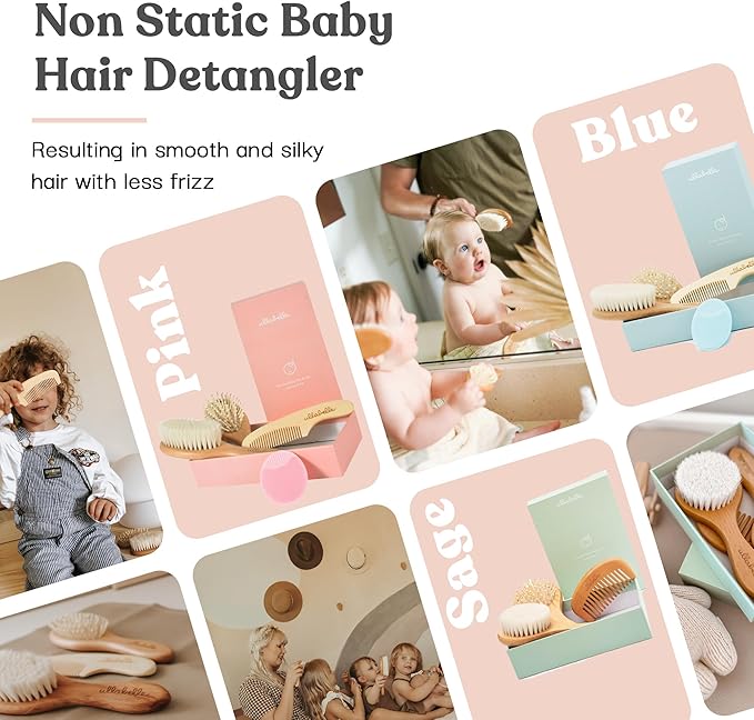 4 Piece Wooden Baby Hair Brush and Comb Set for Newborns & Toddlers in Chic Gift Box - Ultra Soft Natural Goat Hair and Wood Baby Brush Set Prevents Cradle Cap - Perfect Registry Gift (Pink)-CubbioJoy