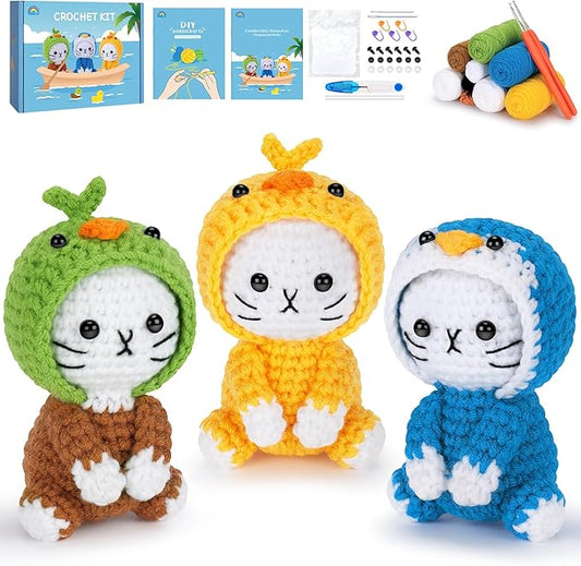 Crochet Kit for Beginners, 3 Pack Duck Cat Crochet Kits with Step-by-Step Video Tutorials, Beginner Crochet Kit for Adults Kid, Crochet Animal Kit for Starters, DIY Craft Gift for Cat Lover-CubbioJoy