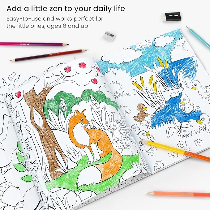 ARTEZA Kids Coloring Book and Colored Pencils Kit, Animal Kingdom Illustrations, 50 Double-Sided Sheets, 100lb Paper-CubbioJoy