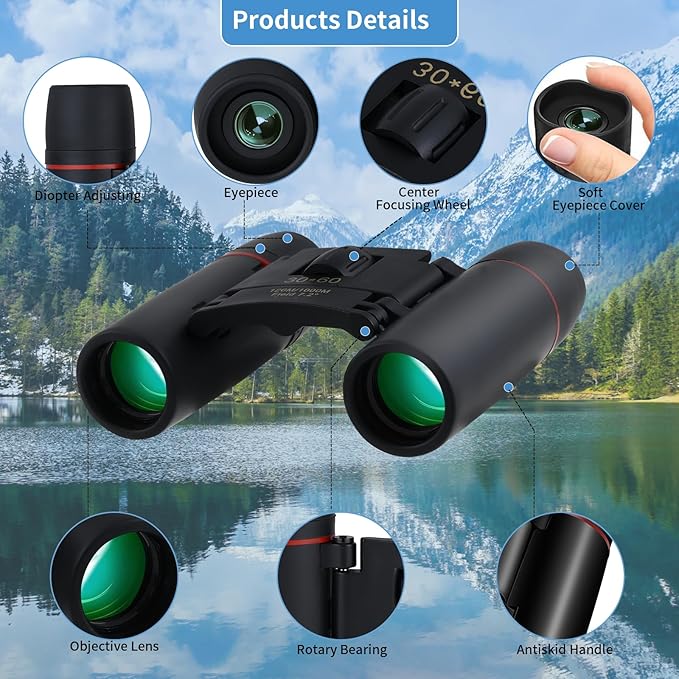Compact 30x60 Binoculars for Adults,Suitable for Adults and Children Bird Watching Travel Sightseeing, Waterproof Lightweight Small Binoculars, with Clear Low-Light Vision-CubbioJoy