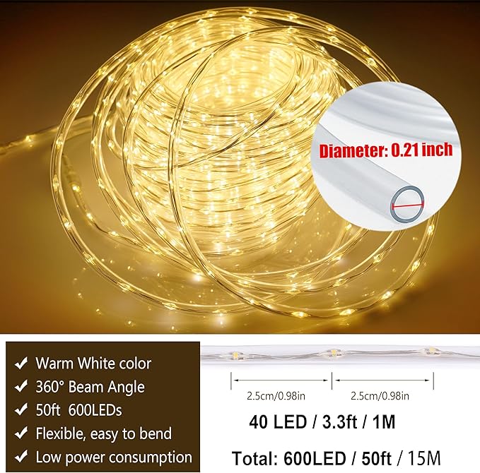 Connectable Outdoor Rope Lights, 50ft 600 LED Warm White Strip Light Plug in for Indoor with Waterproof 8 Modes, Outdoor String Lights for Camping, Garden, Backyard, Patio, Deck, Pool, Tree Décor-CubbioJoy