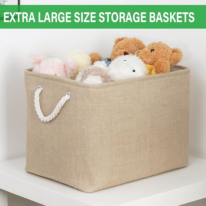 Bidtakay Fabric Storage Baskets for Shelves 3 Pack Large Storage Bins for Organizing Linen Collapsible Organizer for Closet-Flaxen-CubbioJoy
