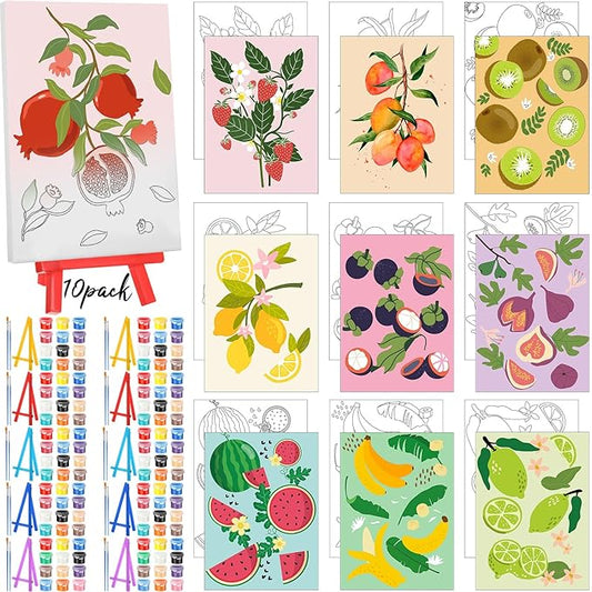 Blosssound 10 Set Pre Printed Canvas Pre Drawn Canvas Painting with Easel Kits 5" x 7" Outline Painting Panels for Beginners, DIY Craft Project, Party Favor, Home Decors(Fruit)-CubbioJoy