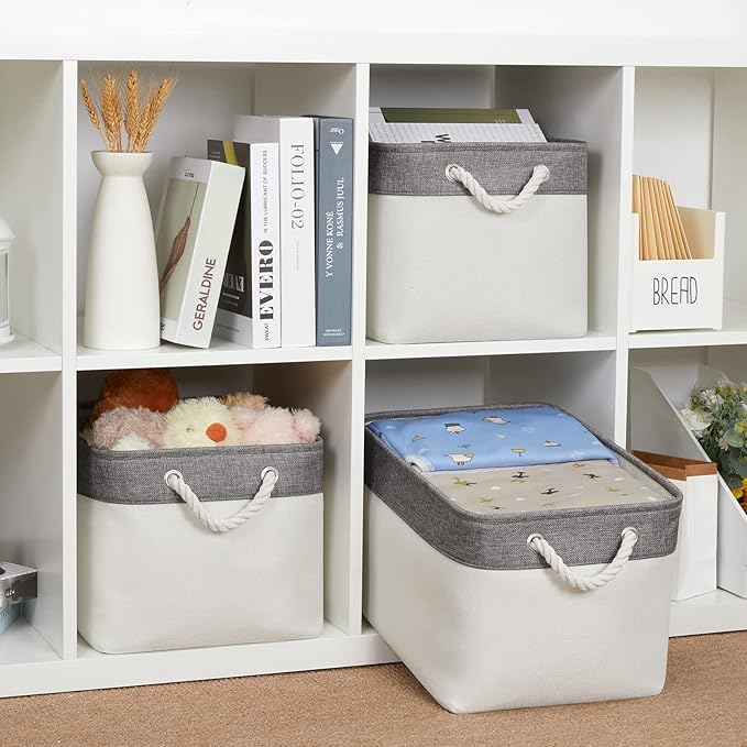 Bidtakay White Baskets with Cotton Rope Handles Decorative Storage Bins [3-pack] Fabric Bins for Organization Linen Closet Shelf Storage Baskets for Clothes Toys Towels 15 X 11 X 9.5 Inches-CubbioJoy