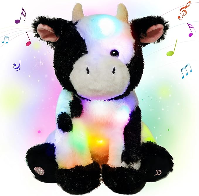 Cuteoy Light-up Singing Plush Cow LED Musical Stuffed Animal Adjustable Volume Lullaby Plushies Birthday Christmas Toy Gifts for Kids Toddler Girls, 13"-CubbioJoy