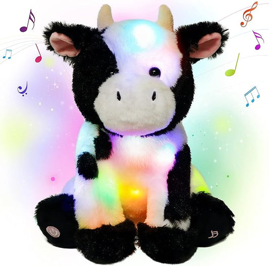 Cuteoy Light-up Singing Plush Cow LED Musical Stuffed Animal Adjustable Volume Lullaby Plushies Birthday Christmas Toy Gifts for Kids Toddler Girls, 13"-CubbioJoy