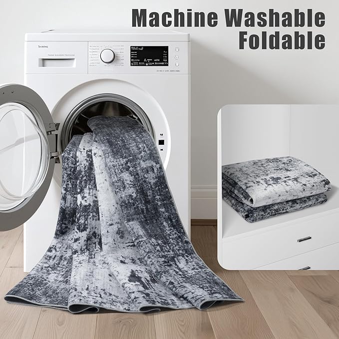 5x7 Area Rug Living Room Rug: Washable Modern Abstract Soft Thin Rug Indoor Floor No Slip Stain Resistant Carpet for Bedroom Dining Room Farmhouse Nursery Home Office - Dark Black-CubbioJoy