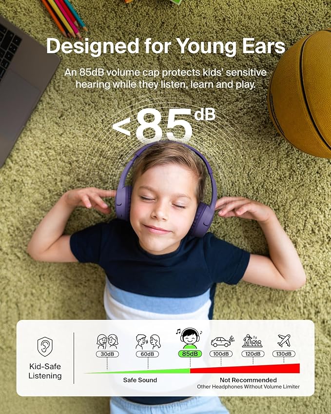 Belkin SoundForm Mini - Wireless Bluetooth Kids Headphones, 30H Battery, 85dB Safe Volume Limit, Built-in Microphone - Toddler On-Ear Earphones for iPhone, iPad, Fire Tablet, Ideal for School - Purple-CubbioJoy