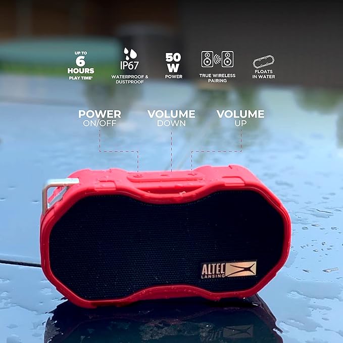 Altec Lansing Baby Boom XL - Waterproof Bluetooth Speaker, Wireless & Portable Speaker for Travel & Outdoor Use, Deep Bass & Loud Sound, 1 Pack, Red-CubbioJoy
