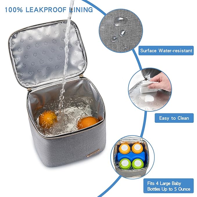 Breast Milk Cooler Bag with Ice Pack Fits 4 Large Baby Bottles Up to 5 Ounce, Baby Bottle Cooler Bag Great for Nursing Mom Daycare, Grey-CubbioJoy