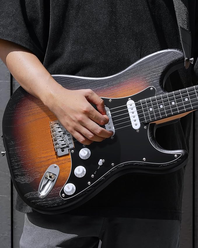 DONNER DST-80 Electric Guitar 39” Beginner Electric Guitar Kit with Amp, Classic SSS Pickup Complete with Gig Bag, Tuner, Capo, Strap, Picks, and Free Online Lessons, Red Tea Burst-CubbioJoy