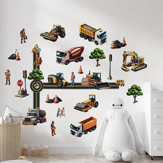 Construction Car Wall Decals for Boys by Lipastick - Road, Trucks, Tractors, Excavators Wall Stickers for Kids Bedroom, Nursery, Playroom - Peel and Stick Transport Themed Wall Decals - M Size-CubbioJoy