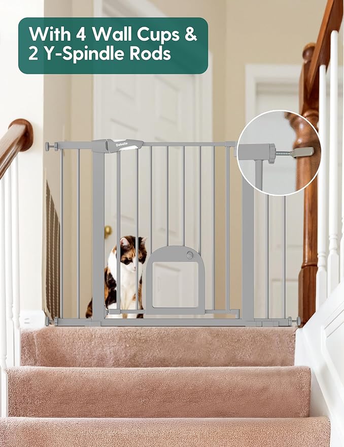 Babelio Baby Gate with Adjustable Cat Door,29-43" Auto Close Durable Pet Door for Stairs,Doorways and House, Pressure Mounted,Easy Install,Effortless Walk Thru,Gray-CubbioJoy