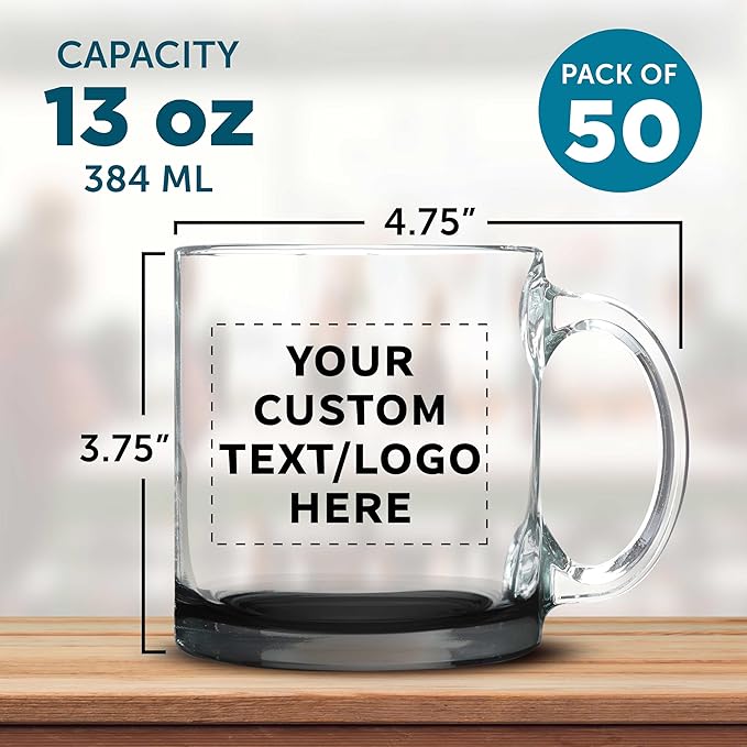 Custom Libbey Clear Glass Coffee Mugs 13 oz. Set of 50, Personalized Bulk Pack - Perfect for Coffee, Tea, Espresso, Hot Cocoa, Other Beverages - Black Bottom-CubbioJoy