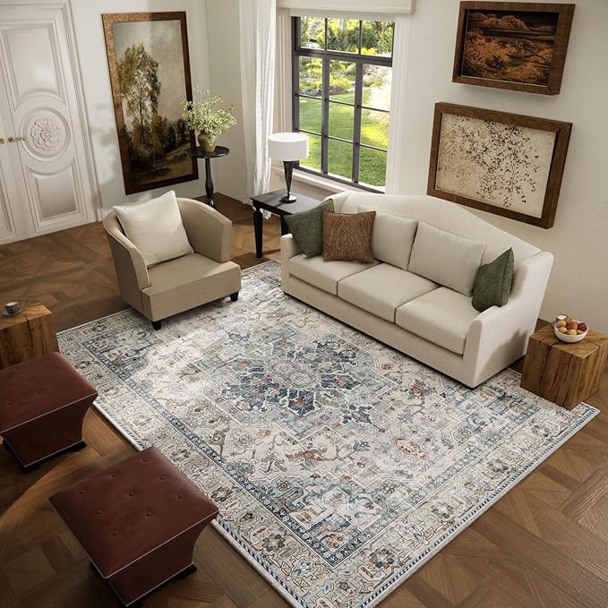 5x7 Area Rugs for Living Room: Washable Bedroom Rug Boho Vintage Rugs Stain Resistant Non Slip Low Pile Soft Lightweight Carpet for Kitchen Dining Room Farmhouse Nursery Kids Room Home Office-CubbioJoy