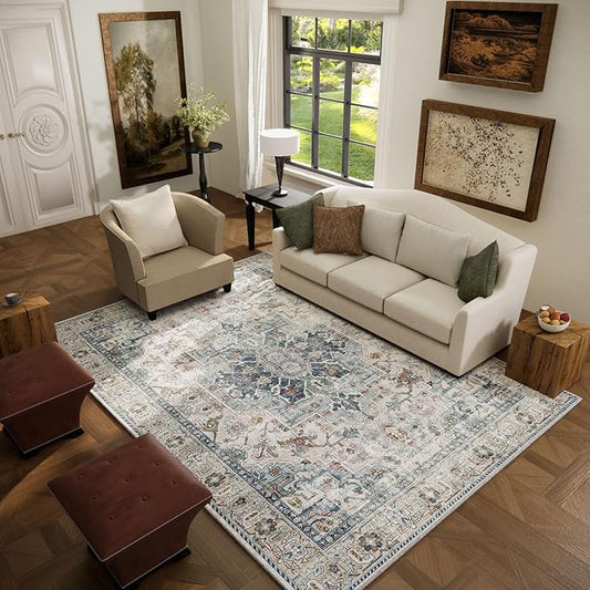 5x7 Area Rugs for Living Room: Washable Bedroom Rug Boho Vintage Rugs Stain Resistant Non Slip Low Pile Soft Lightweight Carpet for Kitchen Dining Room Farmhouse Nursery Kids Room Home Office-CubbioJoy