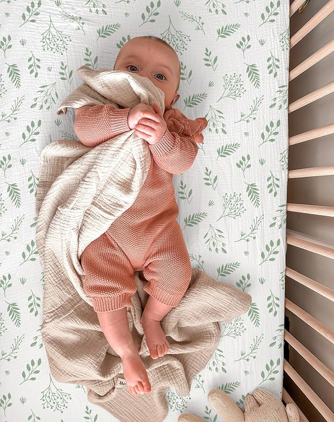 Bassinet Sheet for Baby Boy and Girl 2 Pack, Fitted Sheets for Rectangle, Oval, Hourglass Bassinet Mattress, Muslin Moses Basket Sheets with Neutral Style (Fern Leaf & Sage)-CubbioJoy